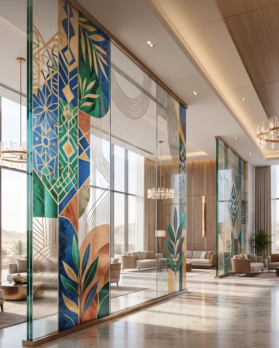 فواصل زجاجية بتصميم هندسي ملون في مساحة داخلية